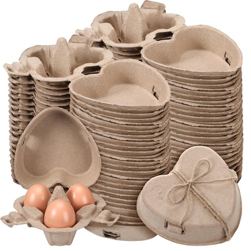 FoldTier 150 Pcs Easter Heart Shaped Eggs Cartons 3 Count Natural Paper Pulp Valentine Egg Cartons with Jute Rope Reusable Cardboard Storage Baskets Holder Tray for Kitchen Holiday Gifts Market Farm