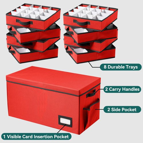 Peyulia Christmas Ornament Storage Box, Stackable Organizer with Lid and Pockets, Side Open, 8 Trays, 128-3" Holiday Ornament Container with Removable Trays and Adjustable Dividers, Red