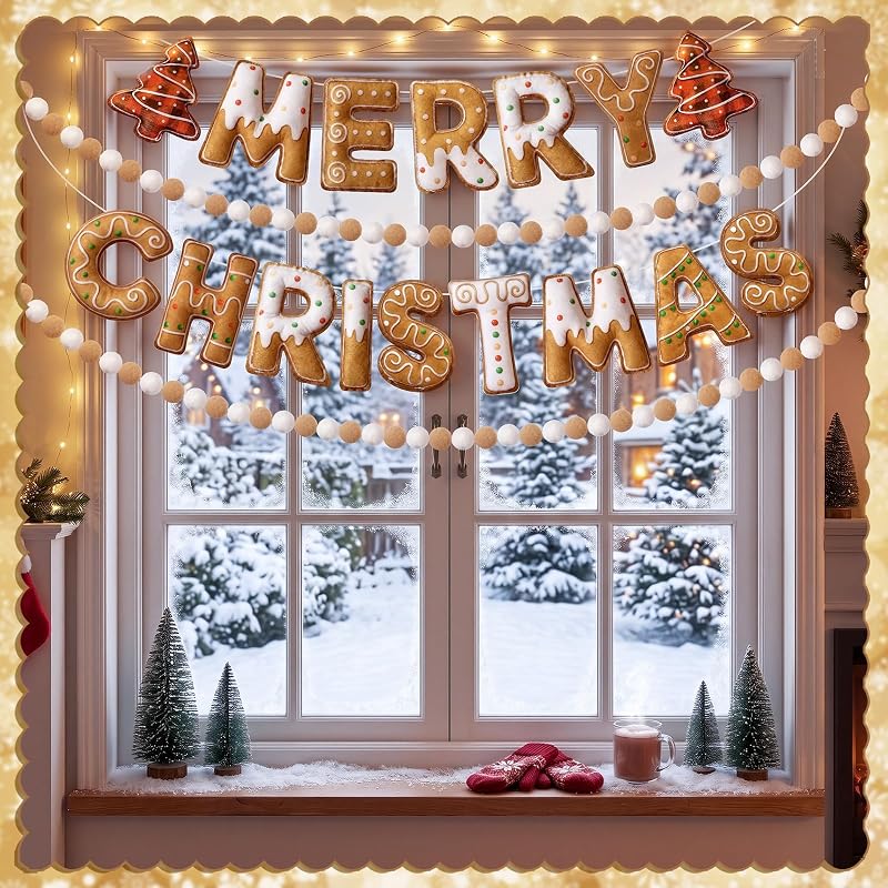 4pcs Felt Merry Christmas Banner - Gingerbread Man Pom Pom Garland, Variation: 4+Gingerbread Man