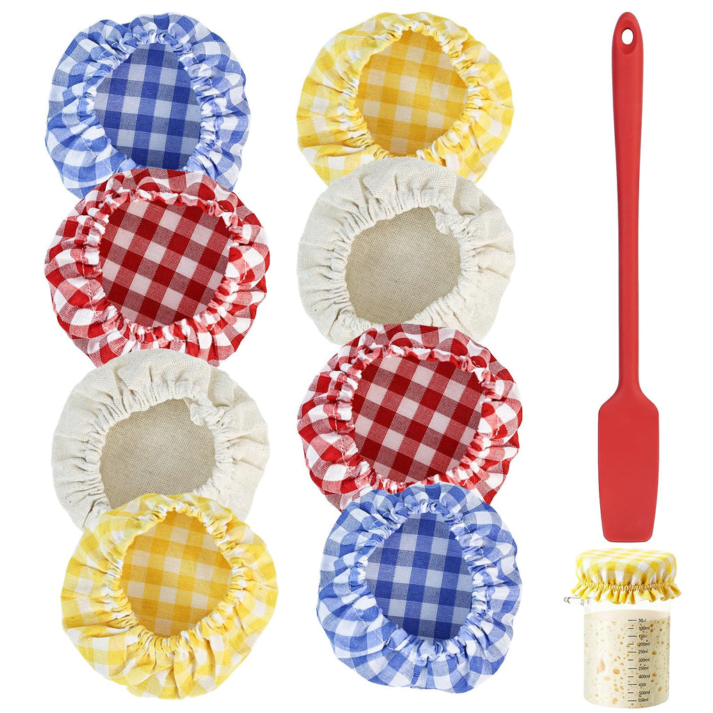 WVD 8 Pcs Sourdough Jar Cover with Silicone Spatula, Bread Proofing Cover Cloth Bowl Covers Reusable, Sourdough Proofing Covers for 3-4 Inch Sour Dough Starter Jars