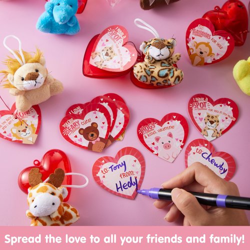 JOYIN 28 Pack Valentines Day Gifts for Kids Prefilled Hearts with Plush Toy Keychain and Valentines Day Cards for Kids Classroom Exchange, Party Favors, Gift Exchange, Game Prizes