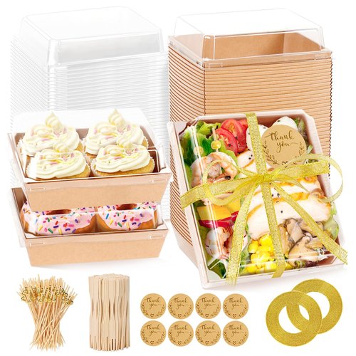 CADVJXZ 100 Pack Charcuterie Boxes with Clear Lids, 5.4 Inch Mini To Go Charcuterie Food Containers+200 Cocktail Picks+100 Lables, Disposable Paper Sandwich Bakery Dessert Boxes for Salads,Cookie