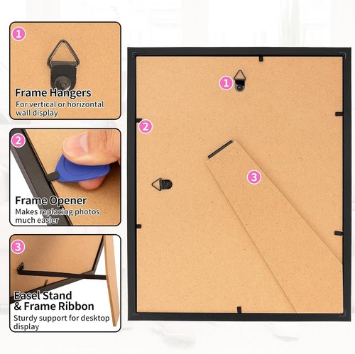 HOMERHYME 8x10 Picture Frame Set - Black Photo Frames for Tabletop or Wall Display | Fits 5x7 with Mat or 8x10 Without