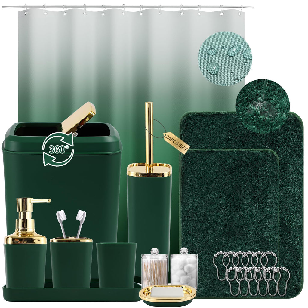 XLHOMO Bathroom Set - Dark Green Bathroom Sets with Shower Curtain and Rugs, 24PCS Shower Curtain Set with Hooks, Soap Dispenser, Soap Dish, Toilet Brush Holder and Trash Can for Housewarming