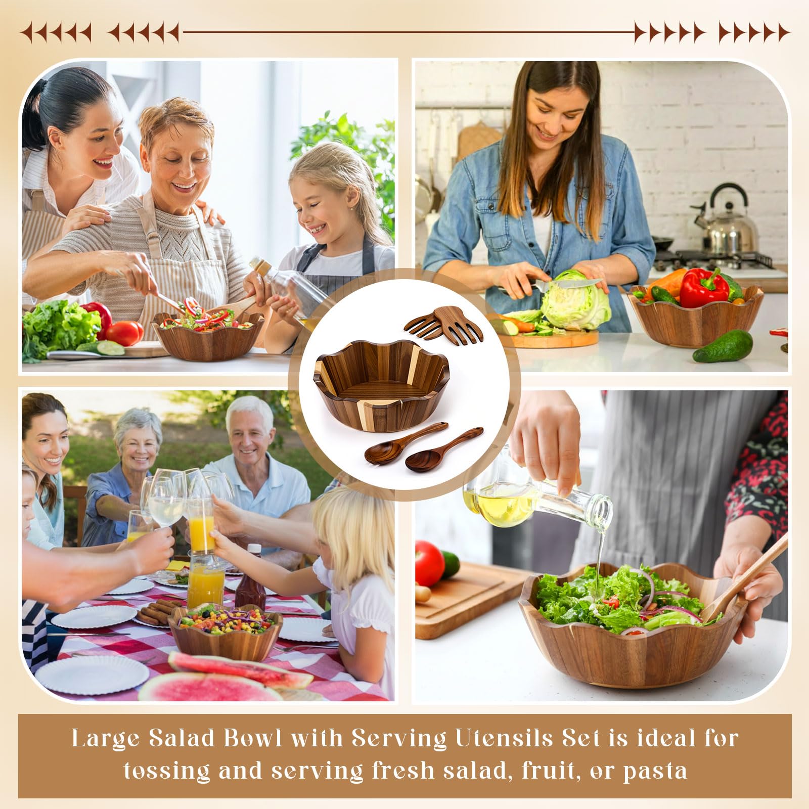 LemonRoad Wooden Salad Bowls Set 12 inch Wavy Large Acacia Wood Serving Bowl with 2 Wooden Hands 2 Utensils Fork Spoon for Fruit, Salad, Cereal, Corn flake, Pasta, Food(Irregular Shaped)