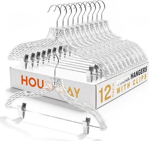 HOUSE DAY Clear Plastic Pants Hangers - Non-Slip Clips & 360° Swivel Hook | 12 Pack for Tops & Bottoms