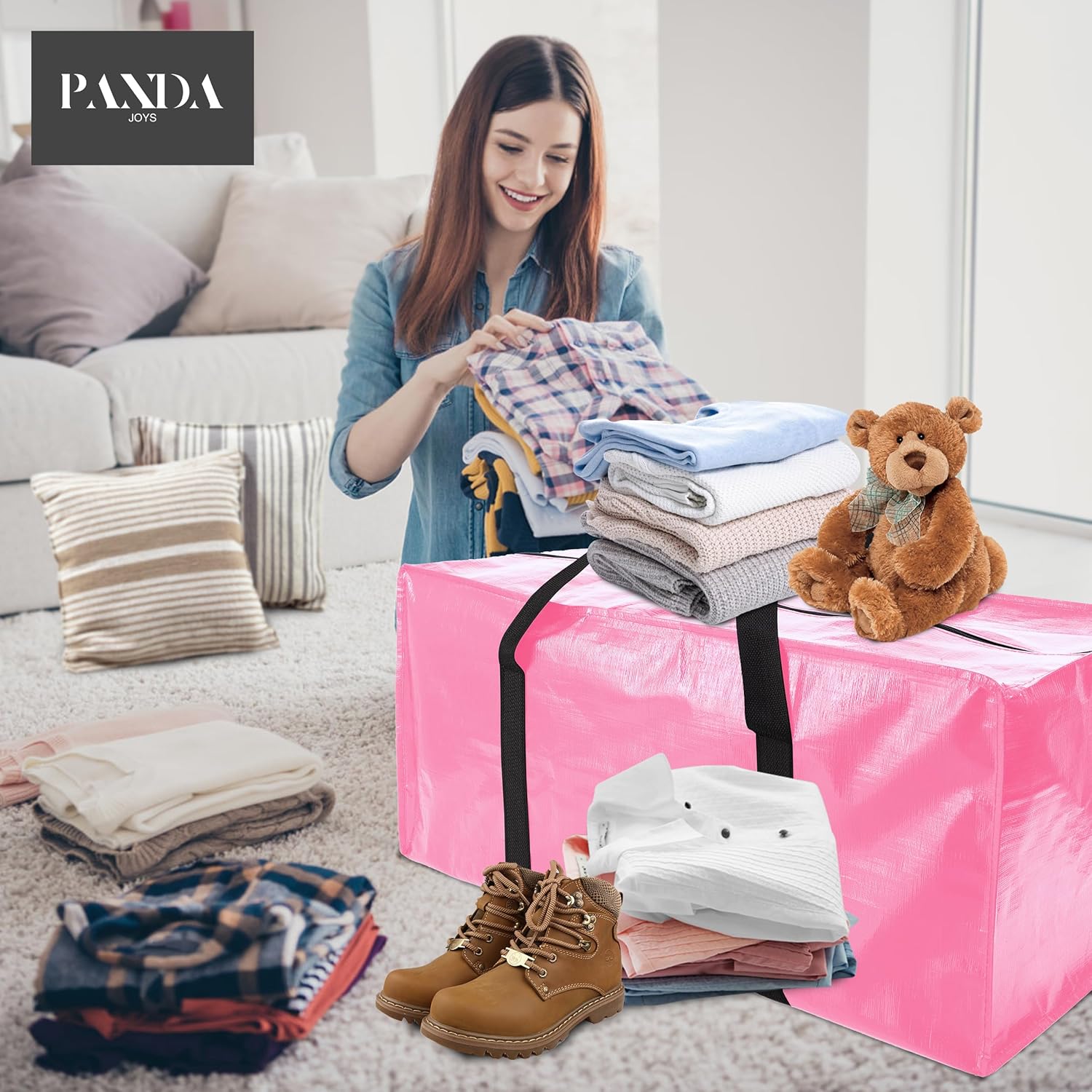 PANDA JOYS Extra Large Moving Bags - Heavy-Duty Storage Totes with Zippers & Handles | 12-Pack, Pink