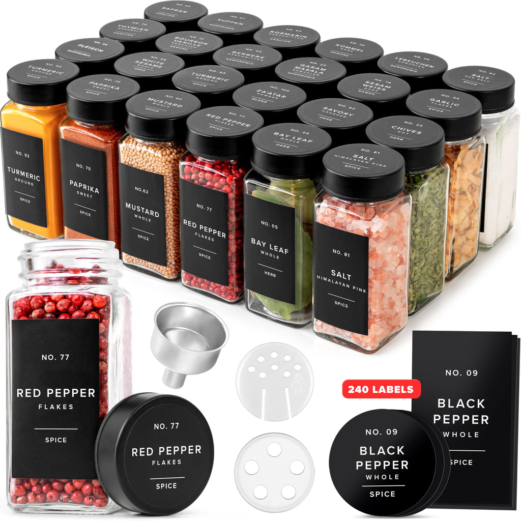 EDELHAUS Glass Spice Jars and Black Stainless Steel Lids (12 x 4oz) Spice Containers with Shaker Inserts - Add-On Pack Without Labels or Accessories