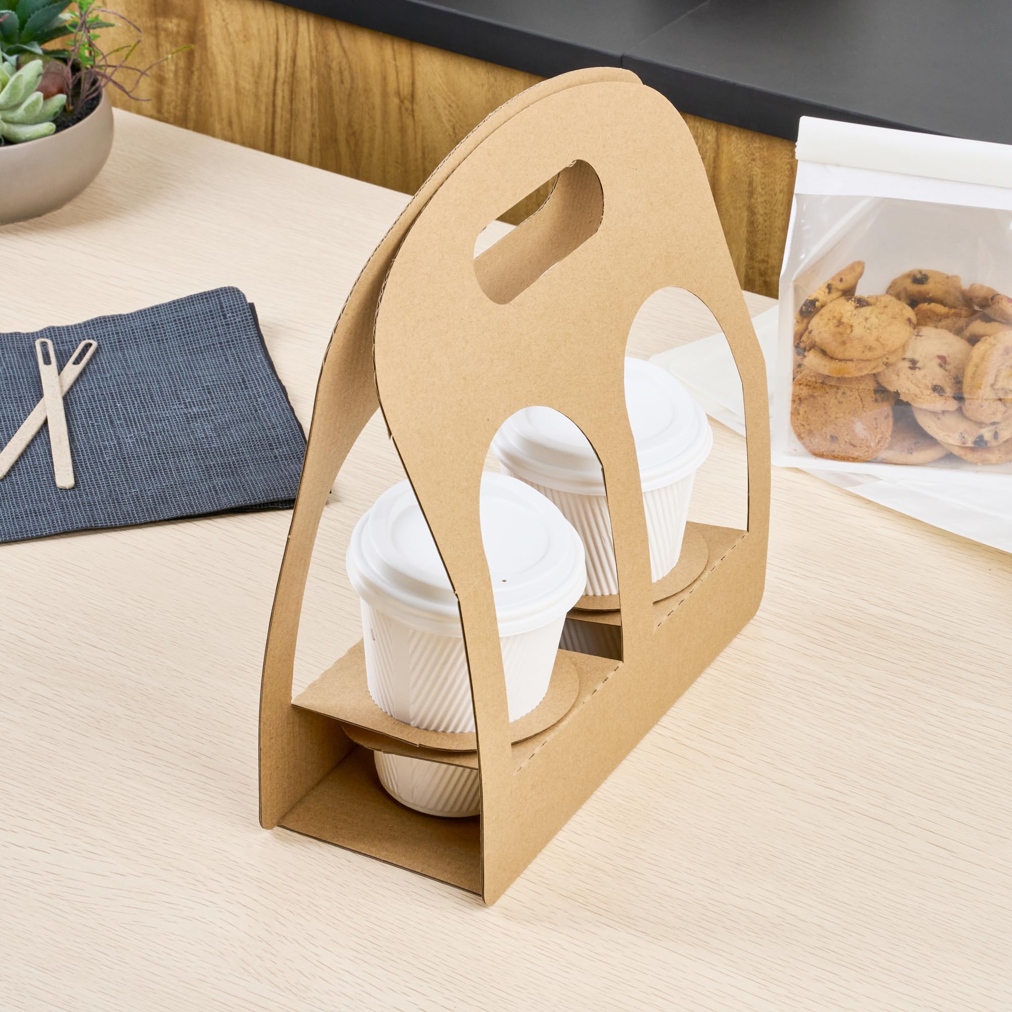 Restaurantware Bio Tek Drink Carriers 100 Disposable Cup Carriers With Handles - Holds 2 Cups For Delivery Or To Go Kraft Paper Drink Holders Built-In Handle Fits Multiple Beverages