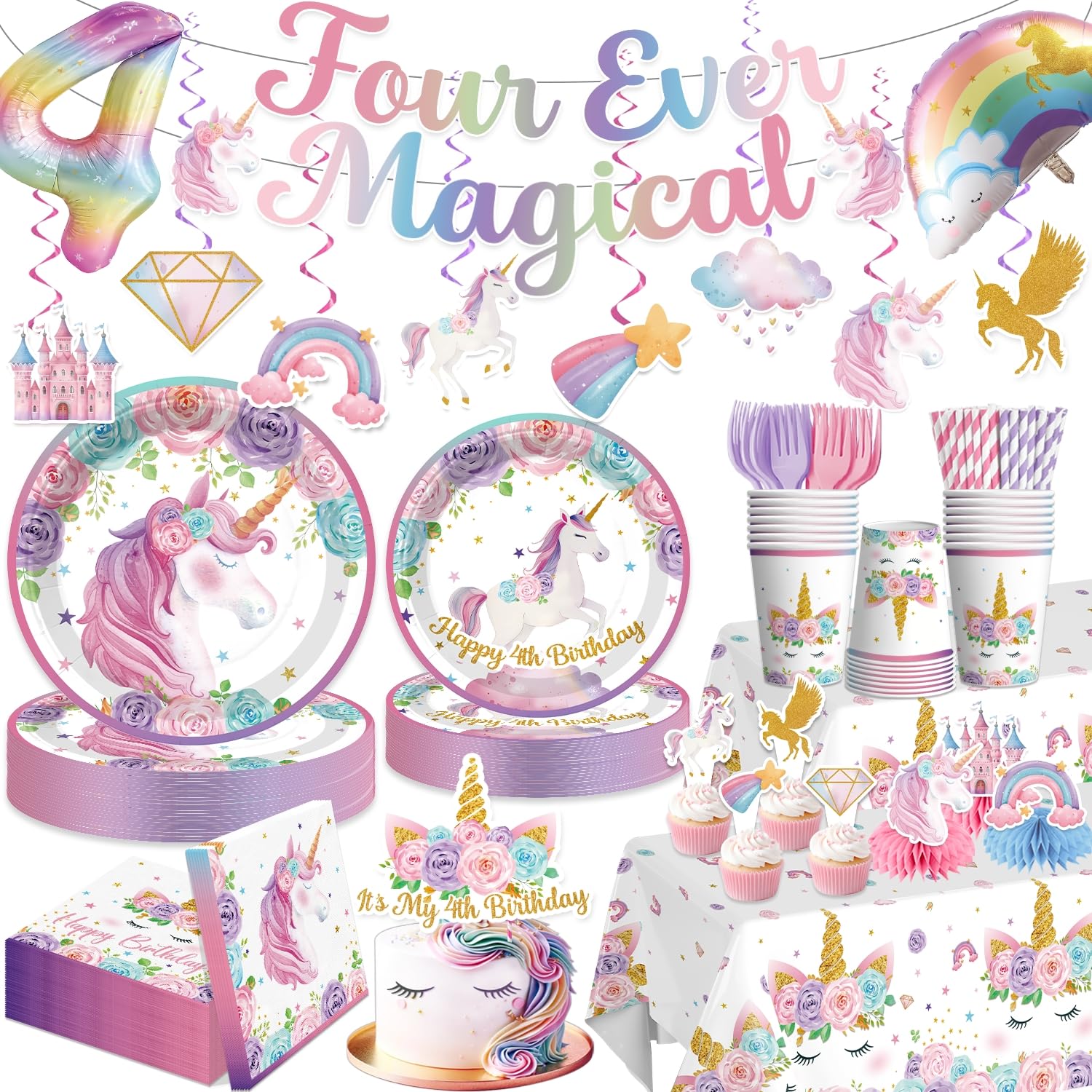 Xynic 181Pcs Unicorn 4th Birthday Decorations, Four Ever Magical Birthday Decorations Tableware Set with Plates and Napkins Serves 25, 2 Tablecloths for Unicorn Decorations