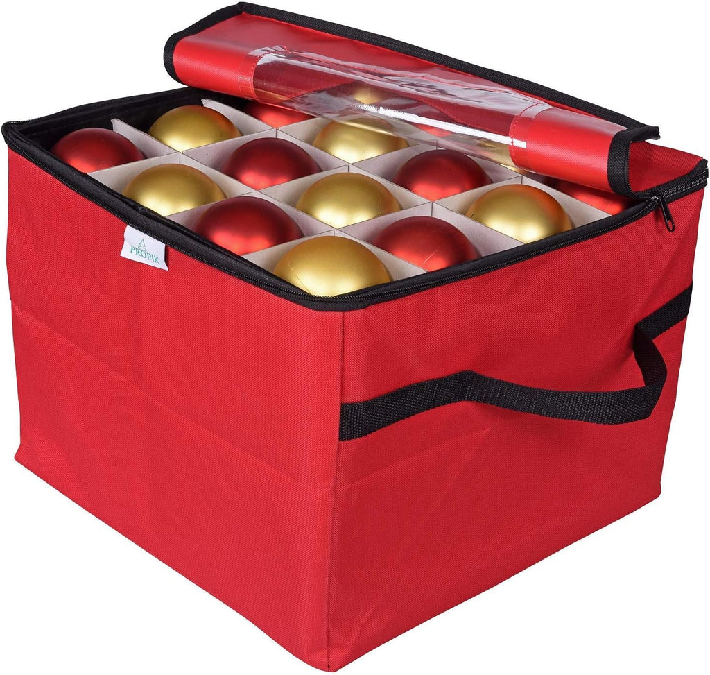 ProPik Christmas Ornament Storage Box - Organizes Up to 48 Ornaments with 3 Removable Trays | Red