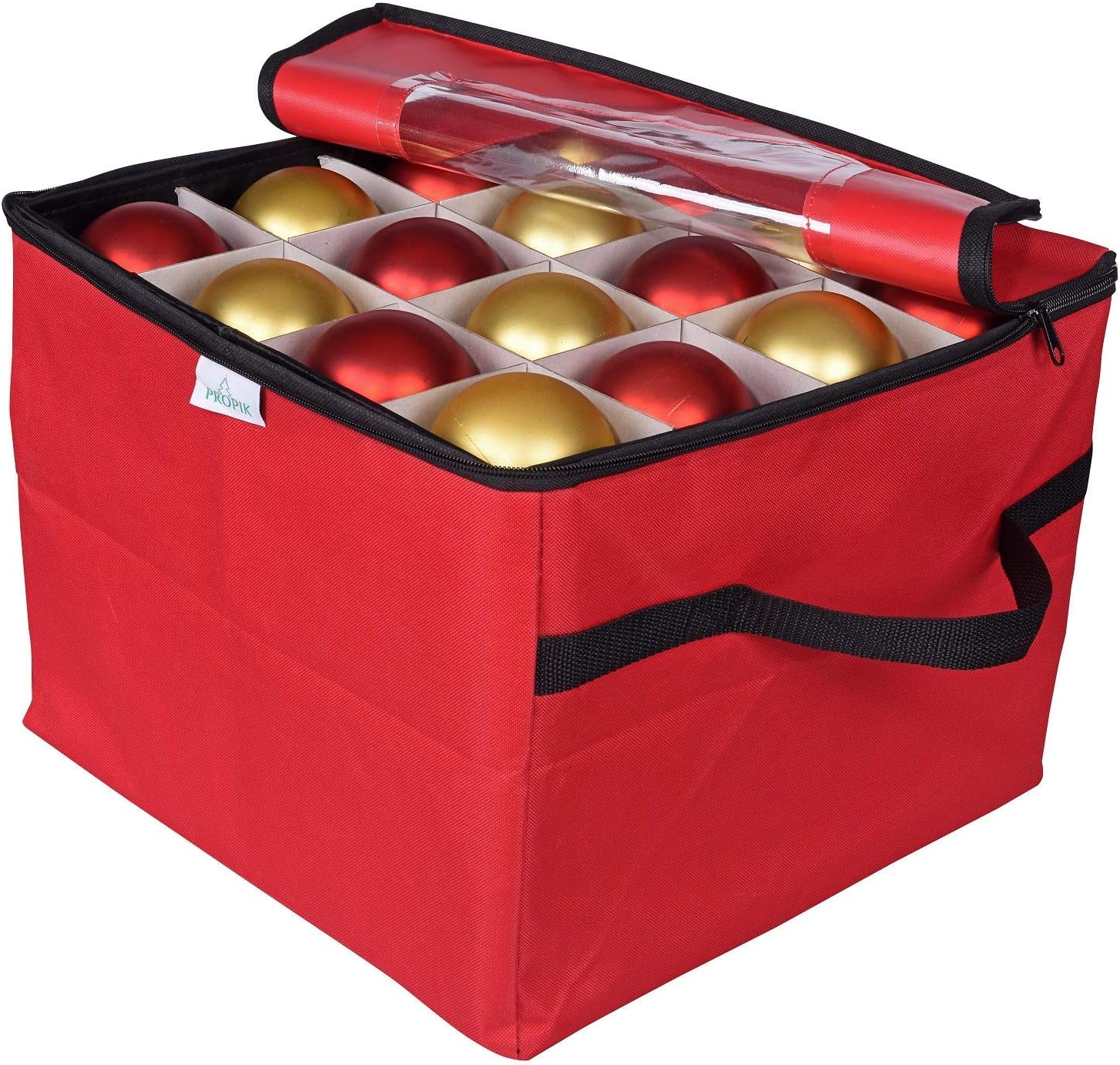 ProPik Christmas Ornament Storage Box - Organizes Up to 48 Ornaments with 3 Removable Trays | Red