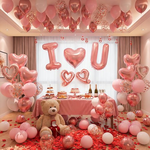 I Love You for Her/Him Balloons 87pcs Light Pink and White Rose Gold Balloon kit Include Heart Shaped Balloons and 400pcs Red Artificial Rose Petals for Romantic Hotel Decoration Valentines Party Kit