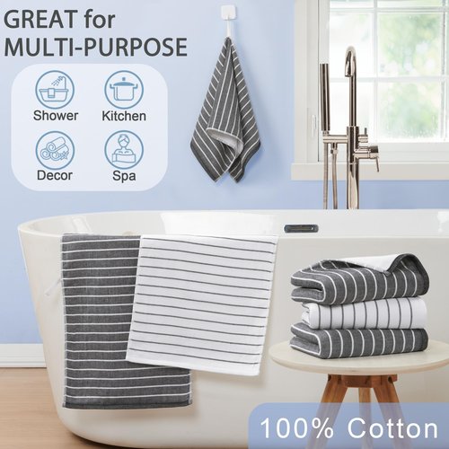 4-Pack Striped Hand Towels, thick 450GSM, Ultra-Absorbent & Quick-Drying ，100% Cotton 13x28 Inch Hand Towels with Hanging Loops, White Background Black Stripe Design for Bathroom & Kitchen
