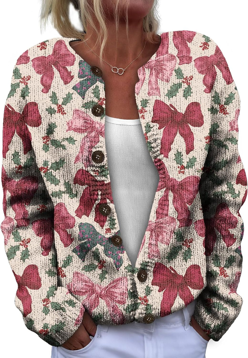 Regine Switzerland Christmas Cardigan - Lightweight Open Front Sweater with Snowflake Print | Red, 2XL