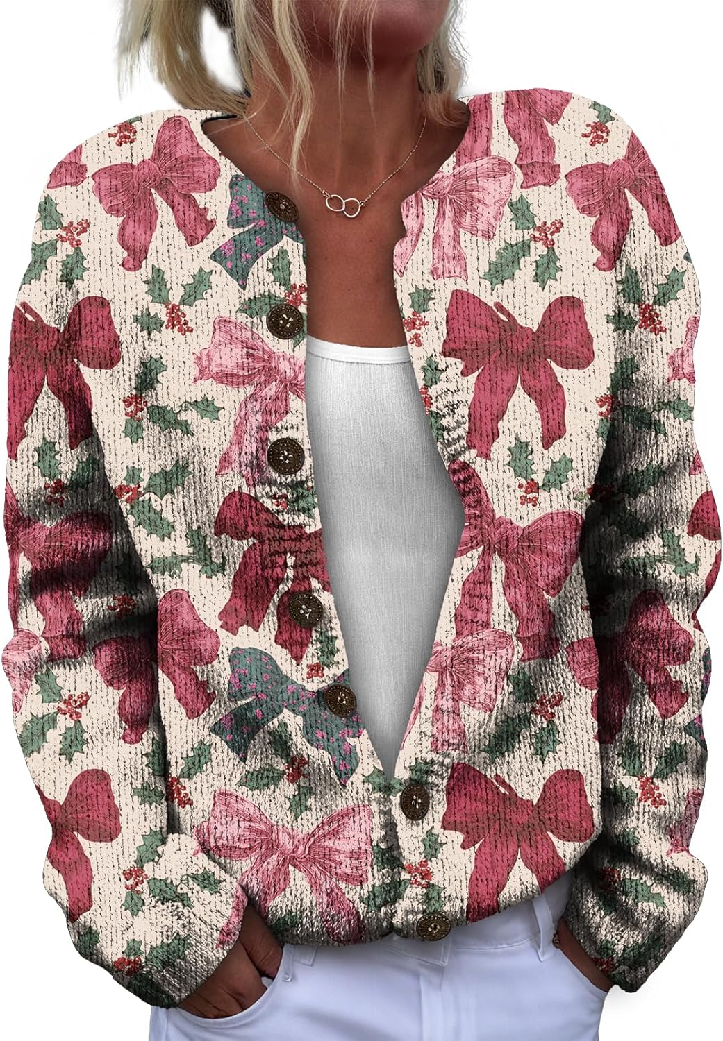 Regine Switzerland Christmas Cardigan - Lightweight Open Front Sweater with Snowflake Print | Red, 2XL