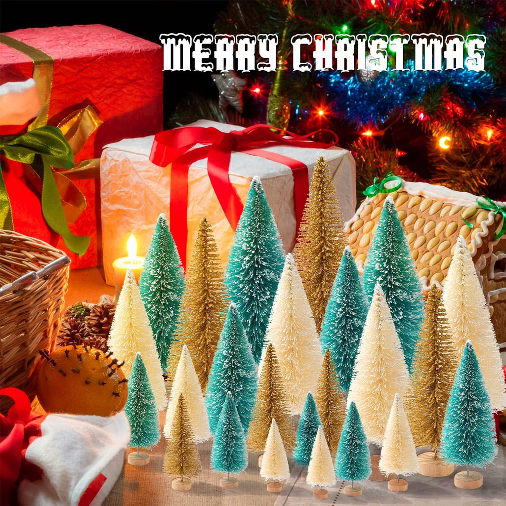 Skiennix Mini Christmas Trees - 30 Pcs Artificial Bottle Brush Trees with Wooden Base | 5 Sizes for Holiday Decor