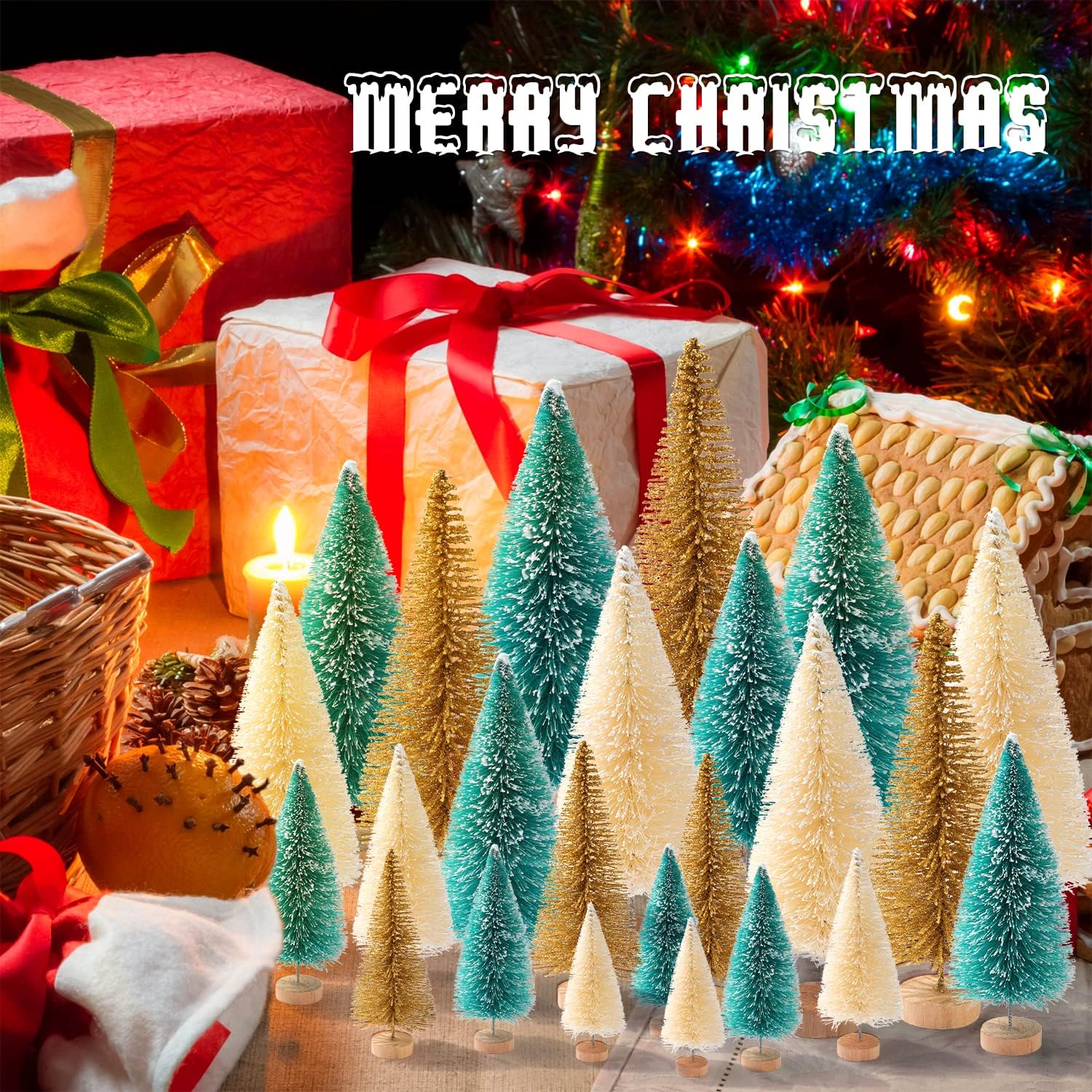 Skiennix Mini Christmas Trees - 30 Pcs Artificial Bottle Brush Trees with Wooden Base | 5 Sizes for Holiday Decor