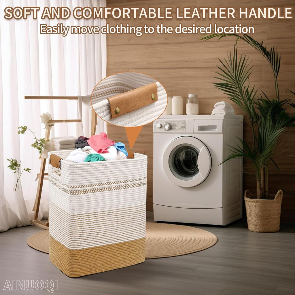 Skiennix Large Laundry Hamper - 85L Cotton Rope Woven Storage Bin with Leather Handles | Versatile for Blankets, Toys, and More