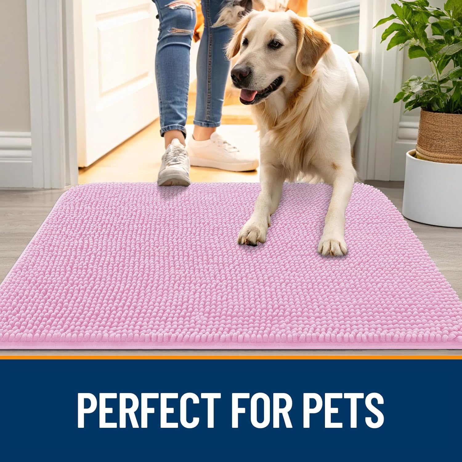OLANLY Dog Door Mat - Absorbent Non-Slip Washable Chenille Mat for Muddy Paws | 70x46, Pink