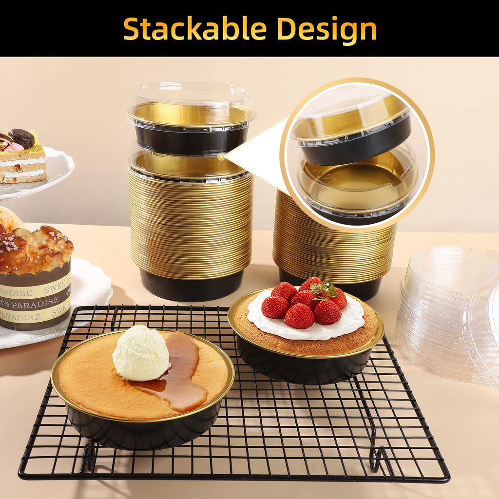Beasea Disposable Creme Brulee Ramekins with Lids, 120 Pack 4 Inch 8oz Mini Pie Tins Black Gold Mini Small Aluminum Foil Pie Tart Cake Baking Pans Individual Round Containers Oven Safe for Baking