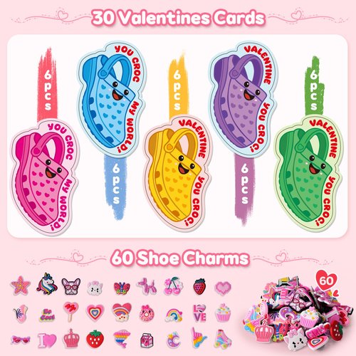 Zesua Valentines Day Cards for Kids School - Valentines Day Gifts for Kids - 30 Pcs Valentine Cards with 60 Shoe Charms - Cute Valentine Gifts for Classroom Exchange Boys Girls Toddlers Party Favors