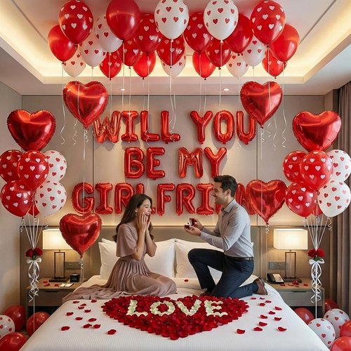Will You Be My Girlfriend Balloon Letters in Red with Heart Foil Balloons, Rose Petals, Printed Balloons – Romantic Room Setup for Proposal, Be My Girlfriend Sign, Valentine’s Day Decorations