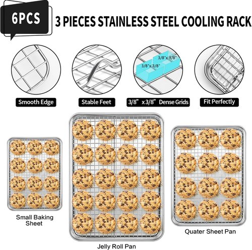 CEKEE Baking Sheet Set - 6-Piece Stainless Steel Cookie Sheets with Cooling Racks | Heavy Duty & Dishwasher Safe