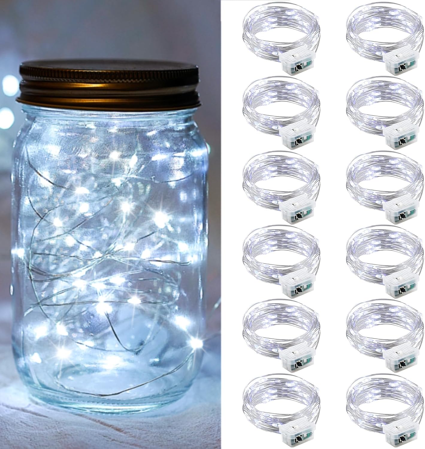 Skiennix 12 Pack Fairy Lights - 7Ft 20 LED Twinkle String Lights | Battery Operated & Waterproof for Weddings, Bedrooms, and Decor