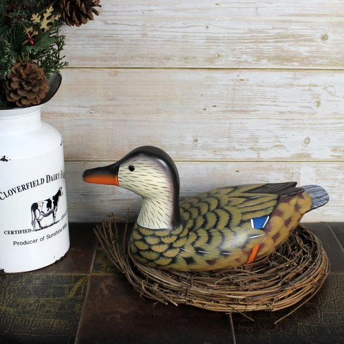 CVHOMEDECO Mallard Duck Figurine - Hand Engraved & Painted Wood Decor Accent, 13 Inch, Brown