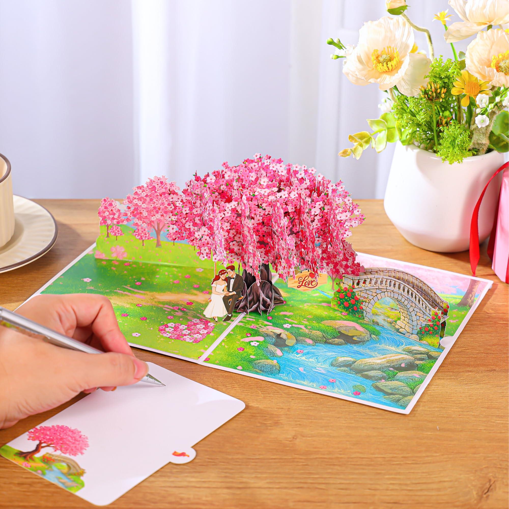 Pop Up Valentines Cards, 3D Cherry Blossoms and Swing Couple in Love, Anniversary, Wedding Cards for Wife, Husband, Her, Him, Girlfriend, Ideal Gift for Birthday, Wedding, Valentine's Day, Mothers Day