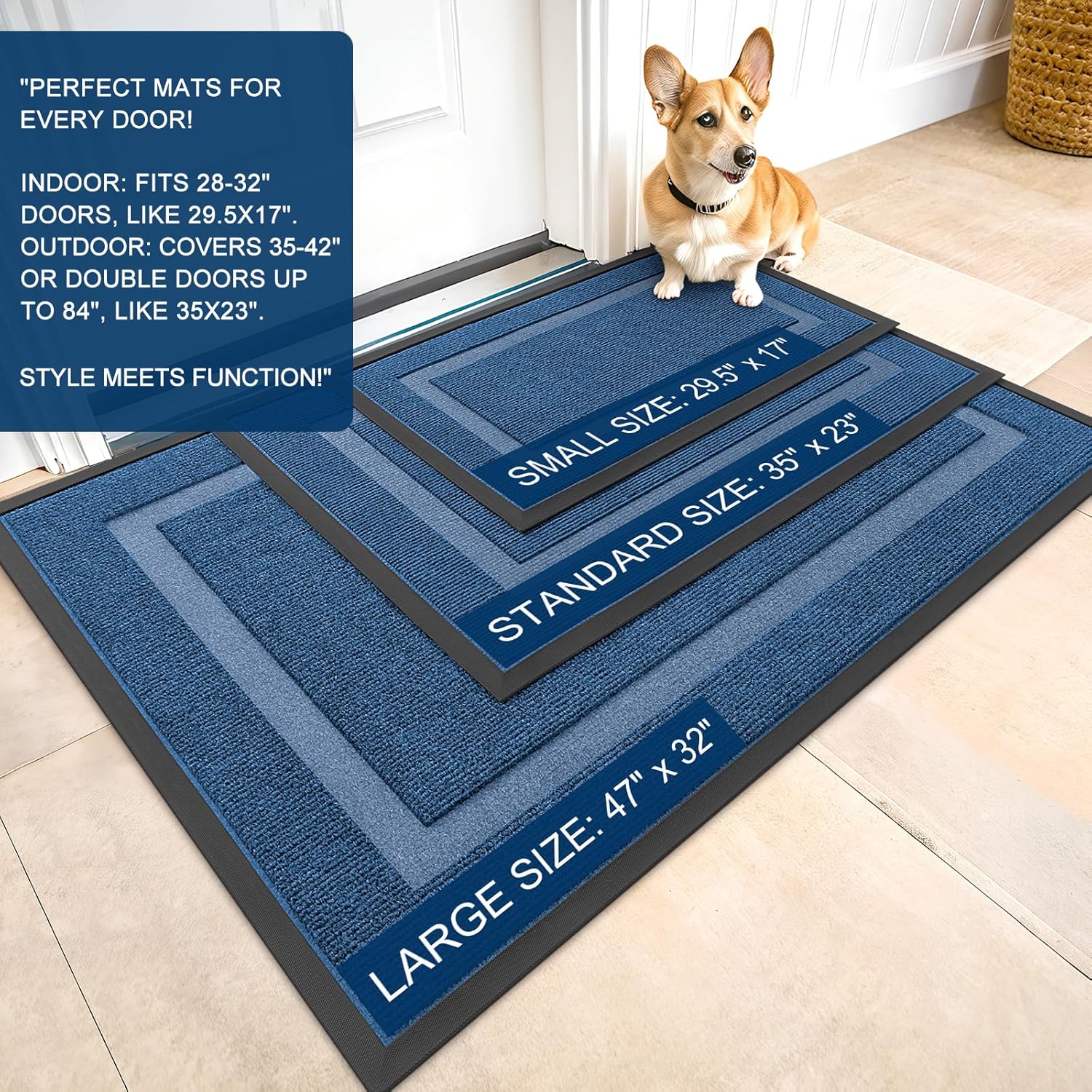 OLANLY Waterproof Front Door Mat - All-Season, Sturdy Natural Rubber, Easy Clean | 71x23, Light Blue