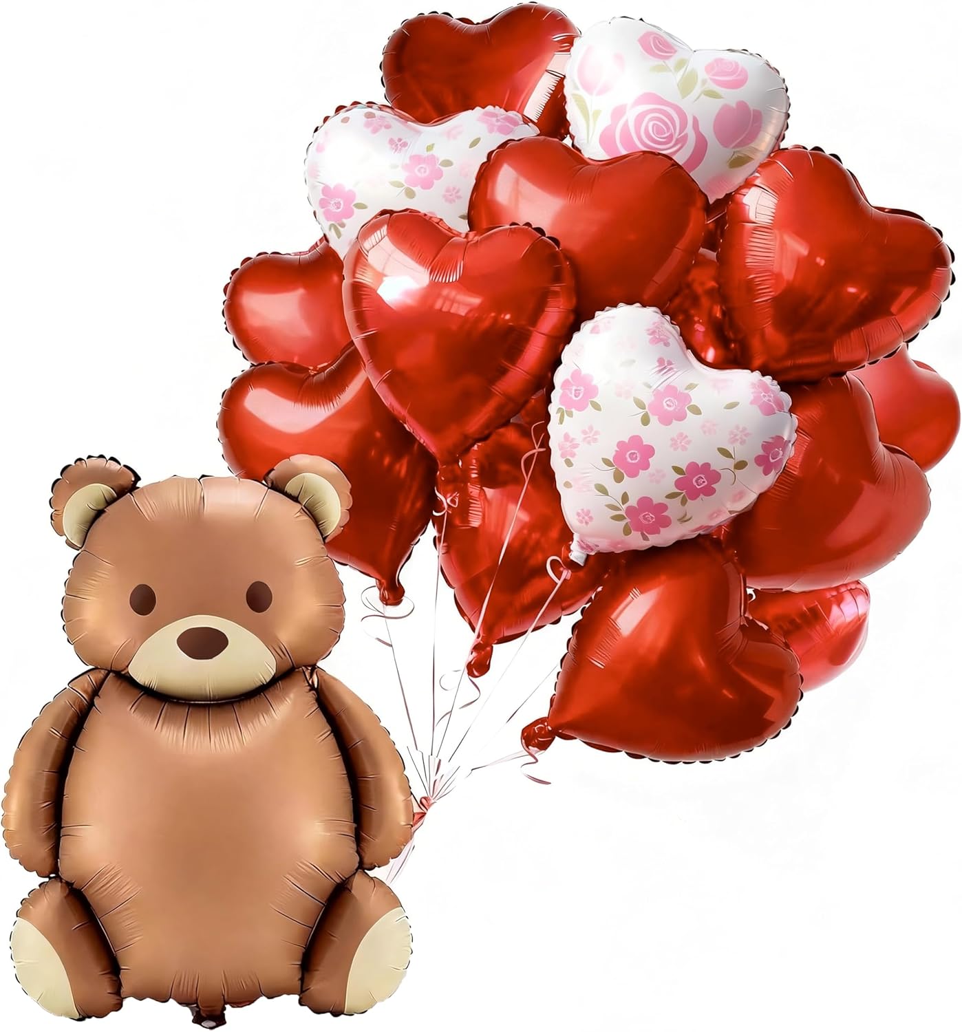 PartyWoo Valentine's Balloons - 15pcs Foil Bear & Red Heart Balloons | 24" & 18" for Romantic Celebrations