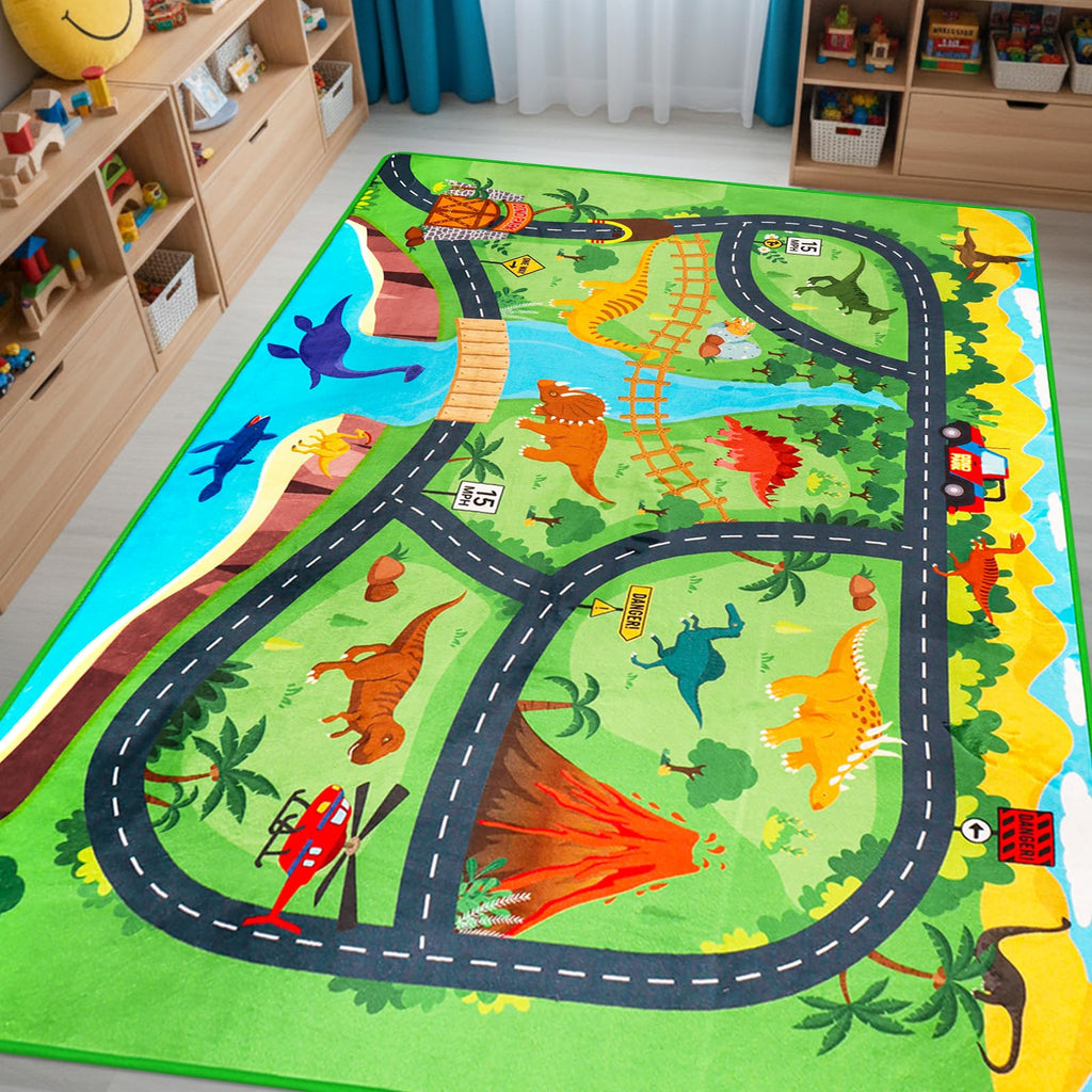 Car Rugs for Kids Toy,78.7"X59" Dinosaur Road Rugfor Kids,Non Slip Dino Safari Cars Track Rug,Washable Kids Carpet Playmat Rug for Playroom Bedroom Boys,Track Play Carpet for Kid