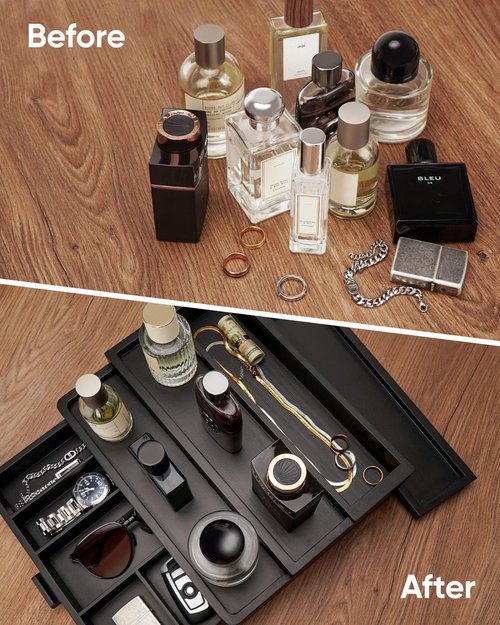 BRITEREE Cologne Organizer for Men, 3 Tier Wooden Cologne Stand with Drawer Storage and Hidden Compartment, Perfume Display Holder for Dresser, Great Gifts for Men and Women Valentine, Black