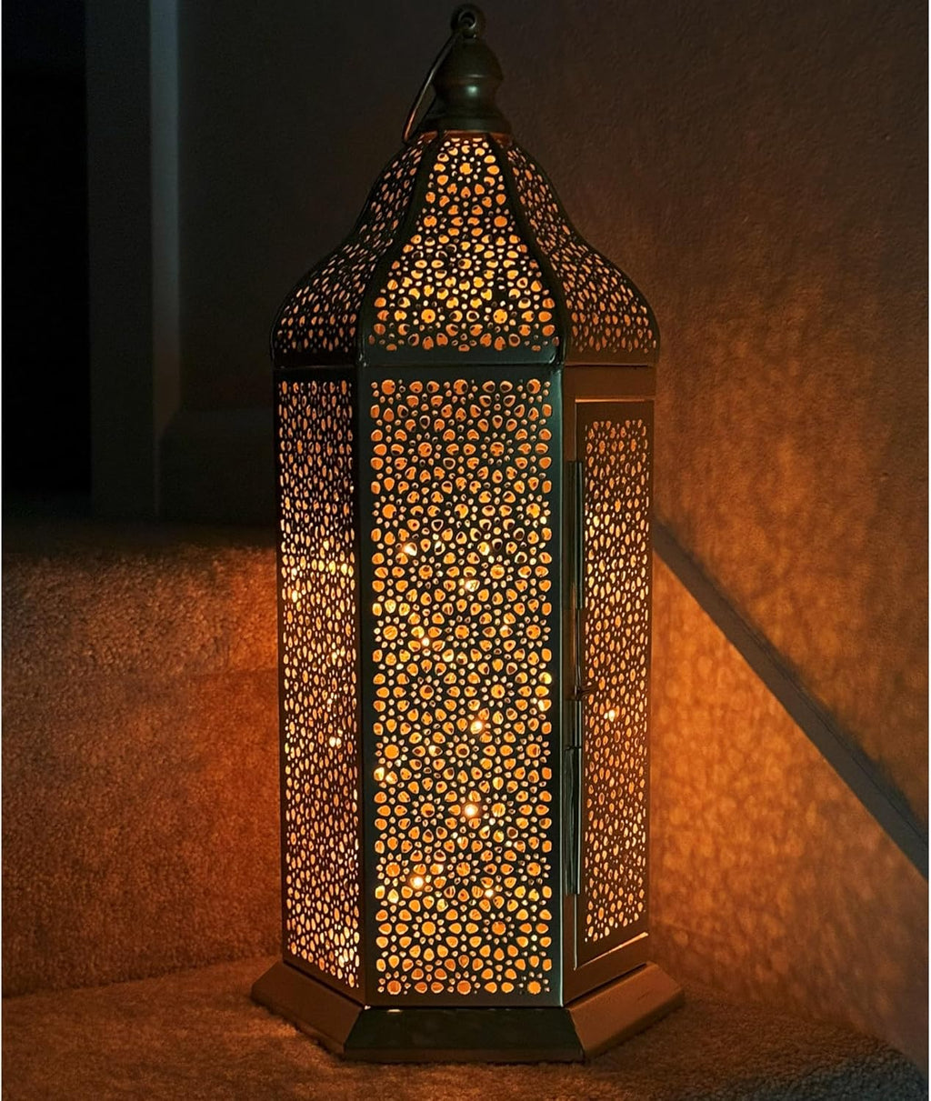 VELA Lanterns 16" Champagne Gold Moroccan Candle Lantern - Elegant Metal Hexagon for Table or Hanging Decor