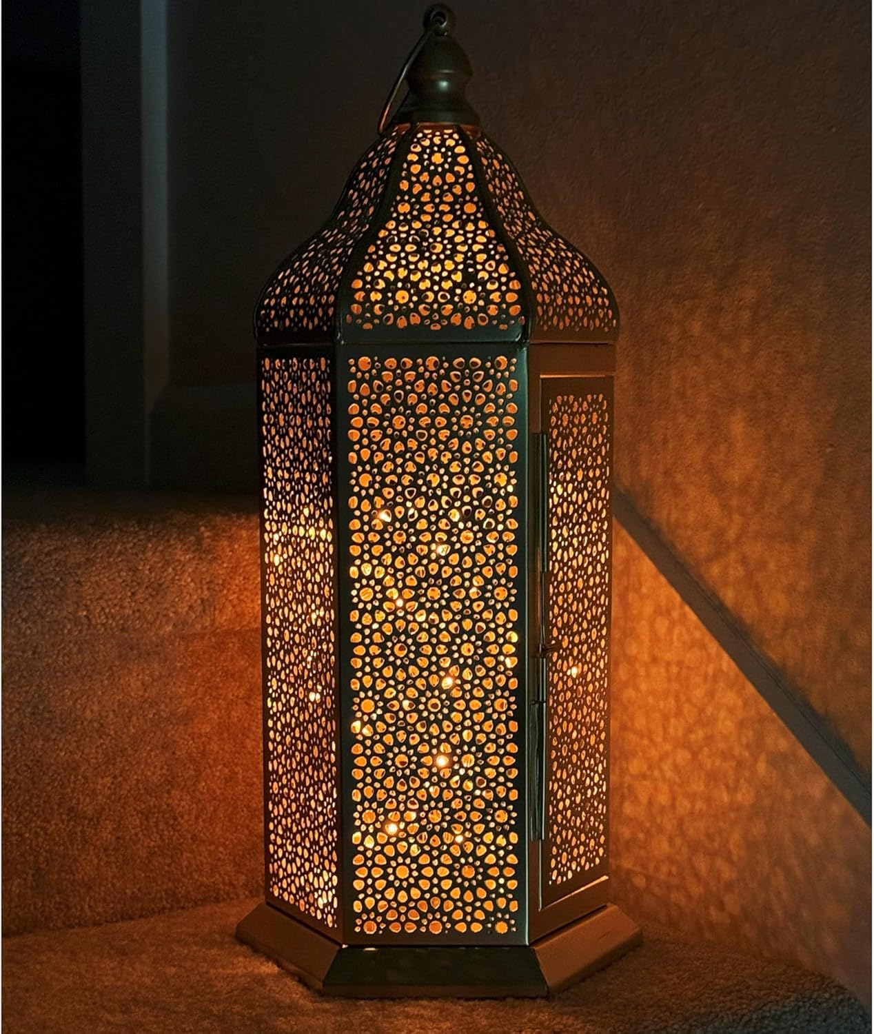 VELA Lanterns 16" Champagne Gold Moroccan Candle Lantern - Elegant Metal Hexagon for Table or Hanging Decor