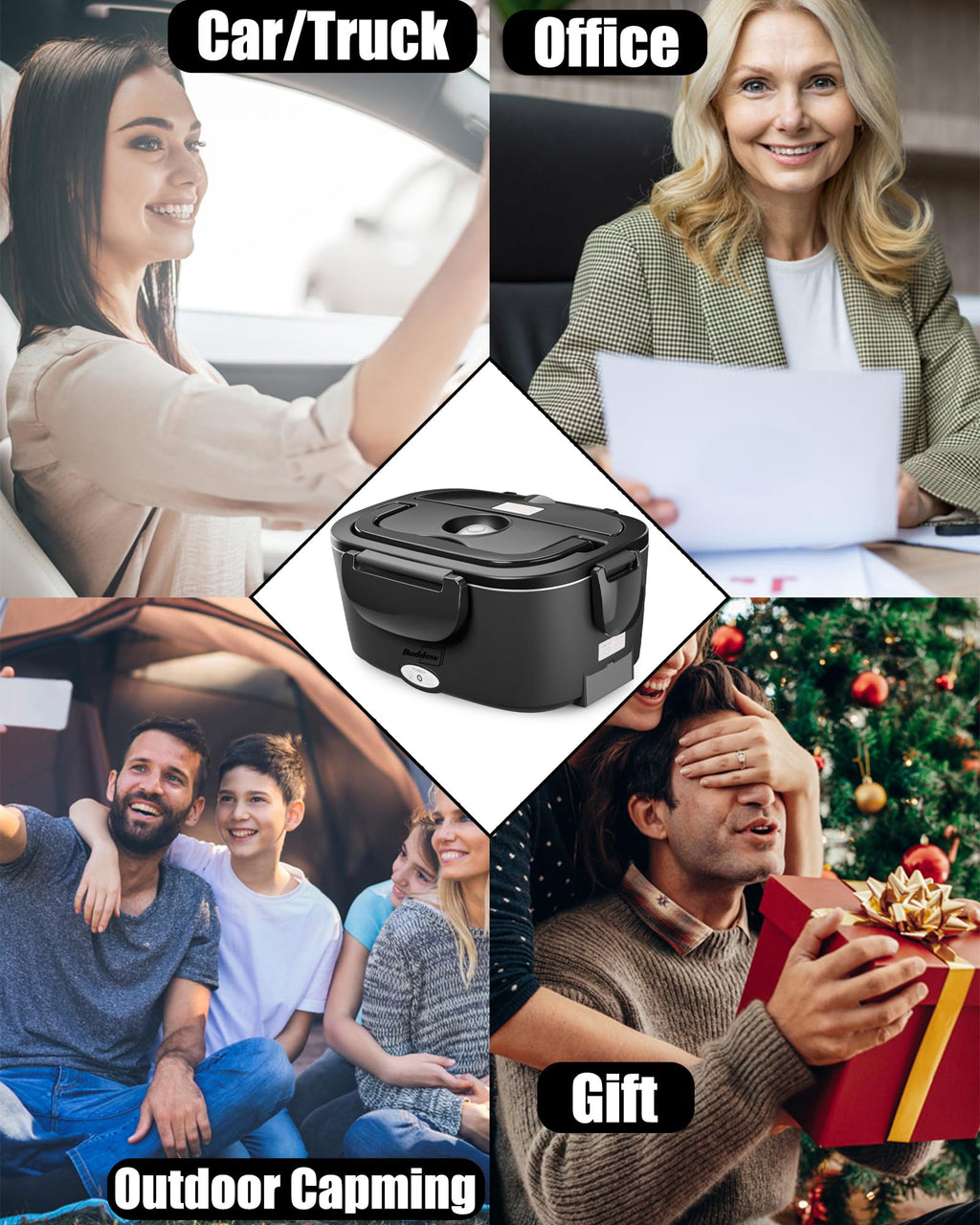 Buddew Electric Heated Lunch Box, 80W Fast Heating with Dual 1.5L Food-Grade 304 Stainless Steel, 12V/24V/110V Portable Food Warmer for Car Truck Office Adults, Lonchera Electrica Portatil (Black)