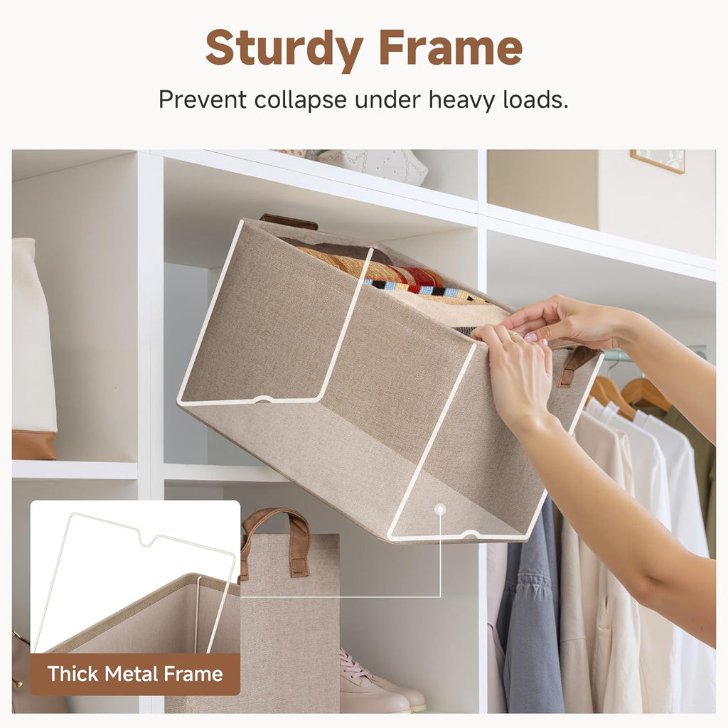 StorageWorks Fabric Storage Bins - Large Closet Baskets with Metal Frame | Brown and Beige, 2-Pack