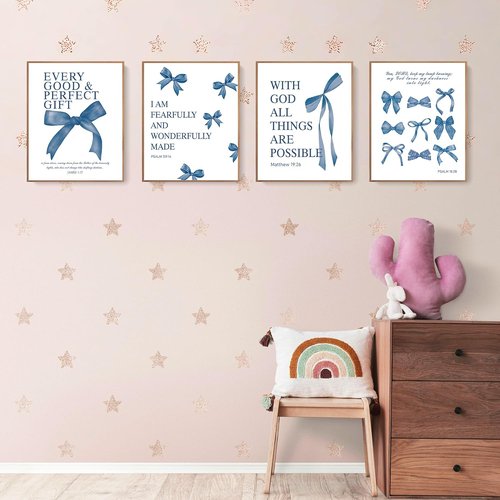 LARTSFRO Coquette Navy Blue Bow Wall Art - Aesthetic Decor for Teen Girls | Set of 4 Unframed 10x8 Inch Prints