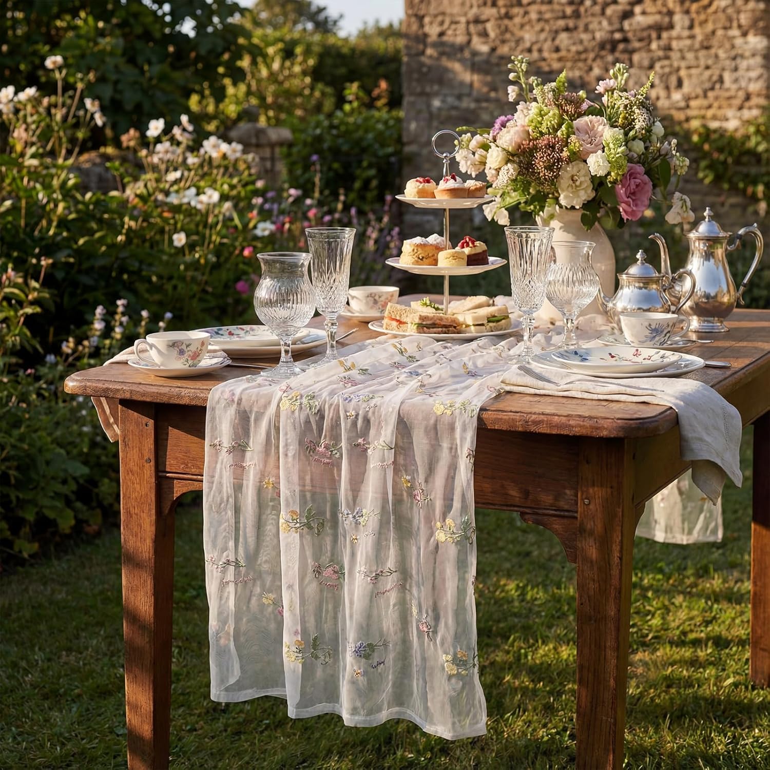 Remagr Floral Table Runner - 9.8 ft Embroidered Tulle for Home Decor, Weddings & Parties