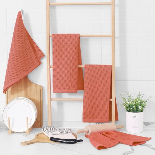 Homaxy 100% Cotton Waffle Weave Kitchen Dish Towels - Ultra Soft & Absorbent, 13 x 28 Inches, 4-Pack | Coral
