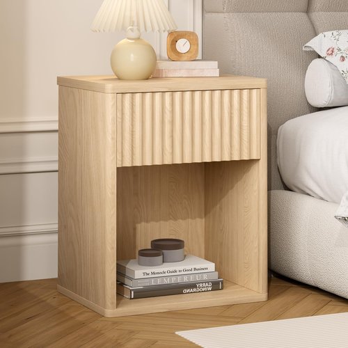 Fluted Nightstands Set of 2, Wooden End Table Bed Side Table with Curved Drawer, Mid Century Modern Fluted Night Stand with Rounded Edge for Bedroom, Living Room Sofa, Nature Oak