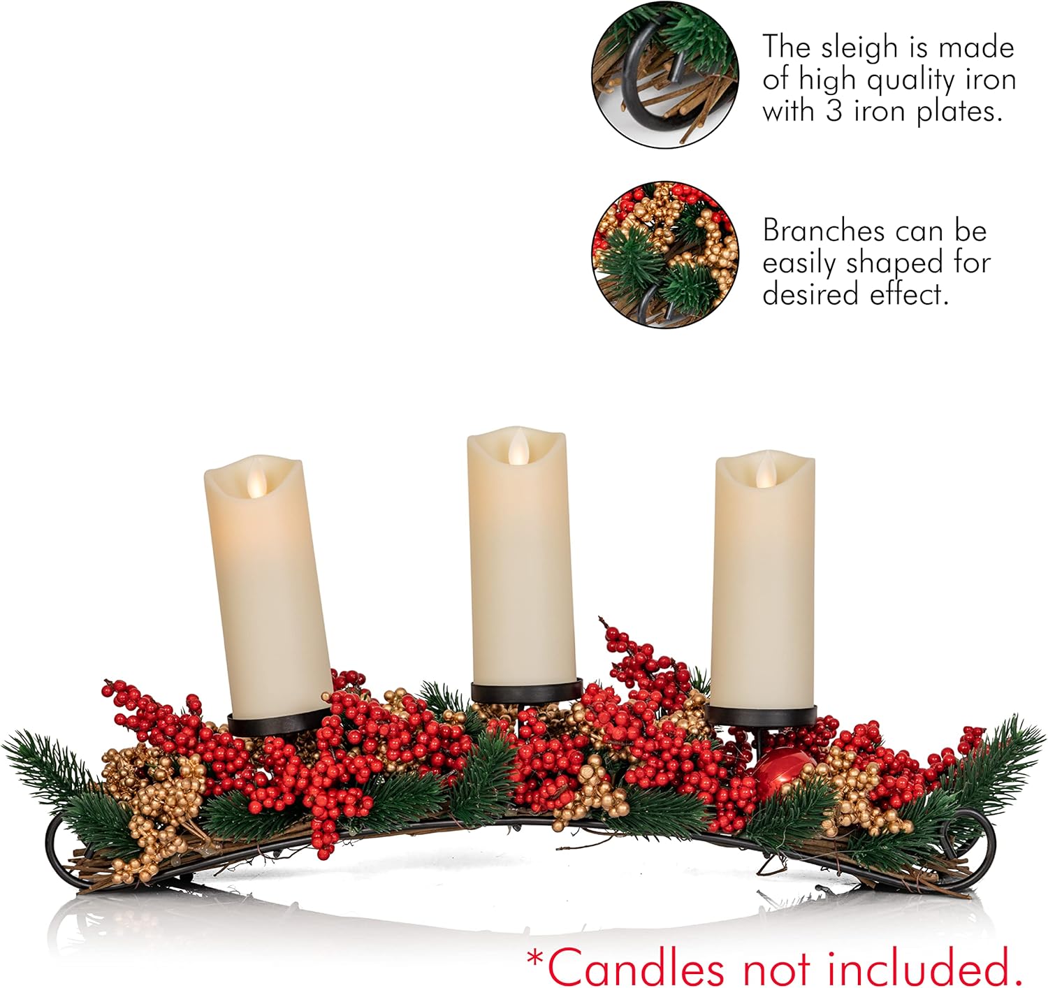 Ornativity Christmas Décor Candle Holder - Festive Table Centerpiece with Red & Gold Berries, Twigs, Evergreens