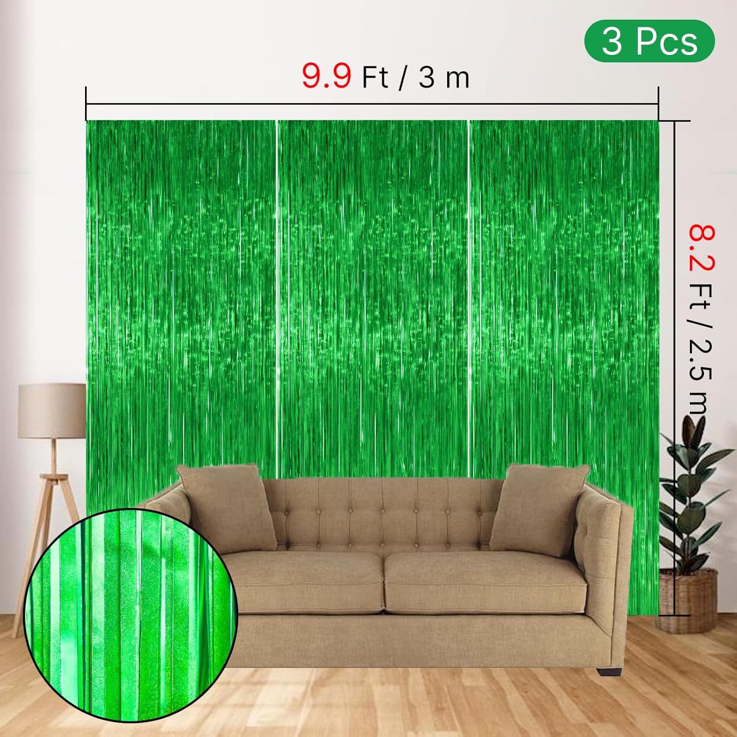 PartyWoo Green Streamers | 3-Piece Tinsel Foil Fringe Curtains - 8.2 FT Backdrop for Graduation & Birthday Parties