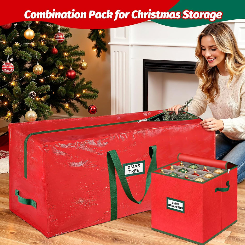 StorageRight Christmas Tree Bag & Ornament Storage Box Set - Water-Resistant 7.5 Ft Tree Storage & 64-Compartment Organizer in Red