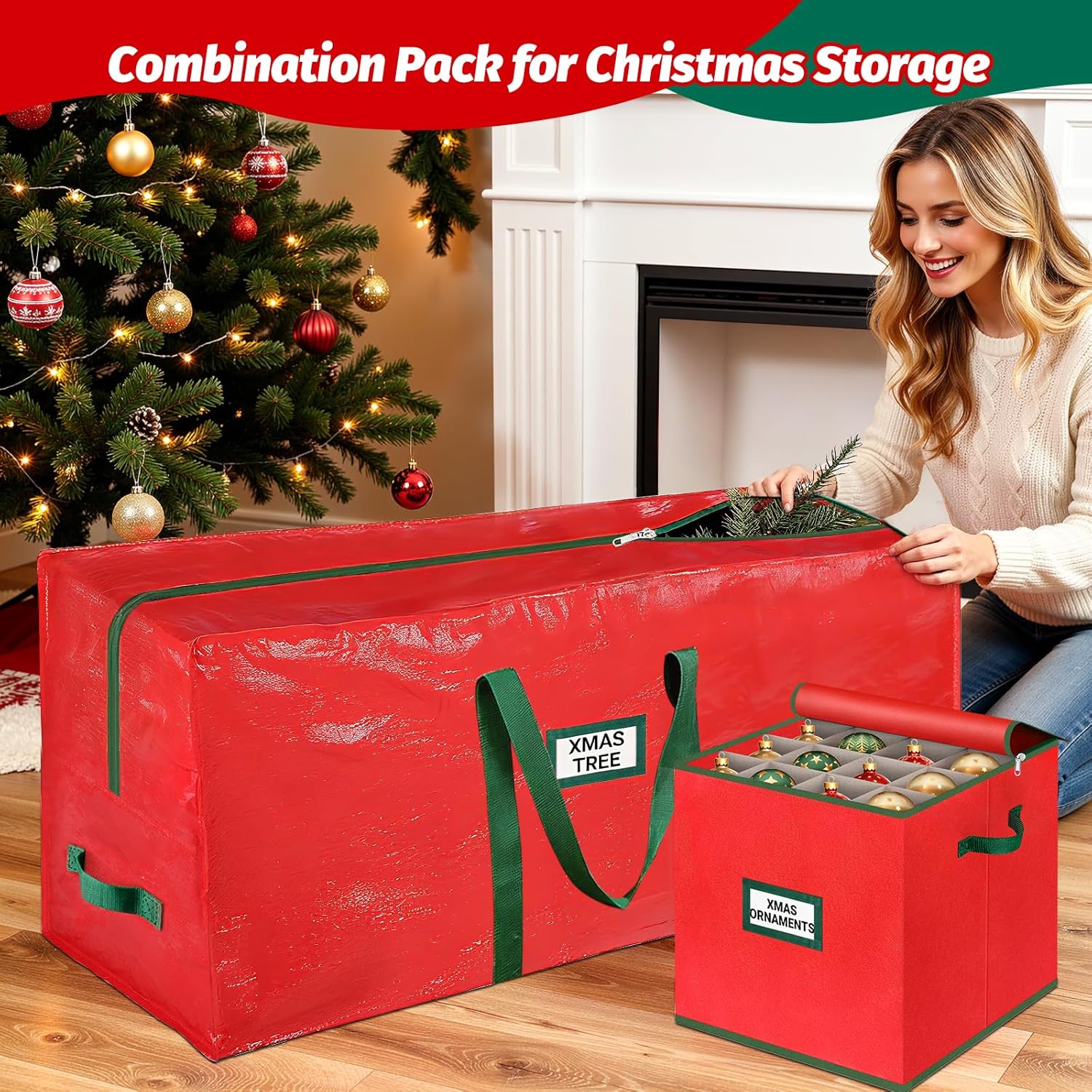 StorageRight Christmas Tree Bag & Ornament Storage Box Set - Water-Resistant 7.5 Ft Tree Storage & 64-Compartment Organizer in Red