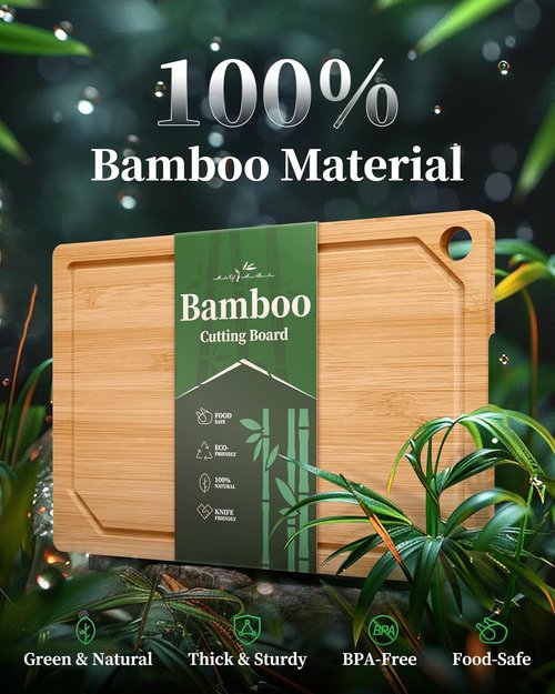 Kitsure Bamboo Cutting Board - Large Wooden Kitchen Board with Deep Juice Grooves | Multi-Sizes Available