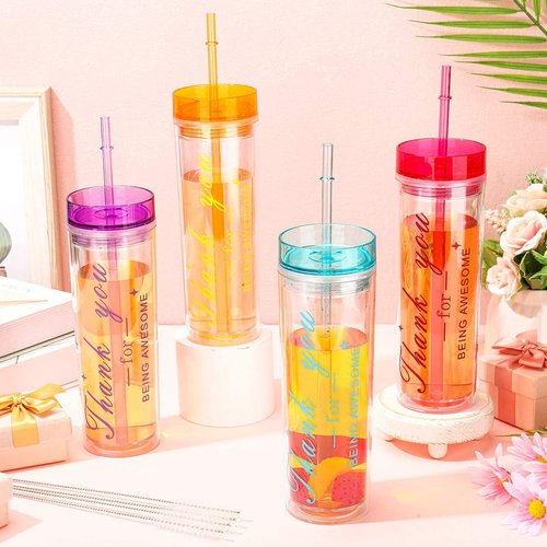 Mumufy 36 Pcs End of Year Gifts Bulk 16 oz Skinny Tumbler Cups with Lids and Straws Thank You Gift Plastic Cups for Teacher Coworker Employee
