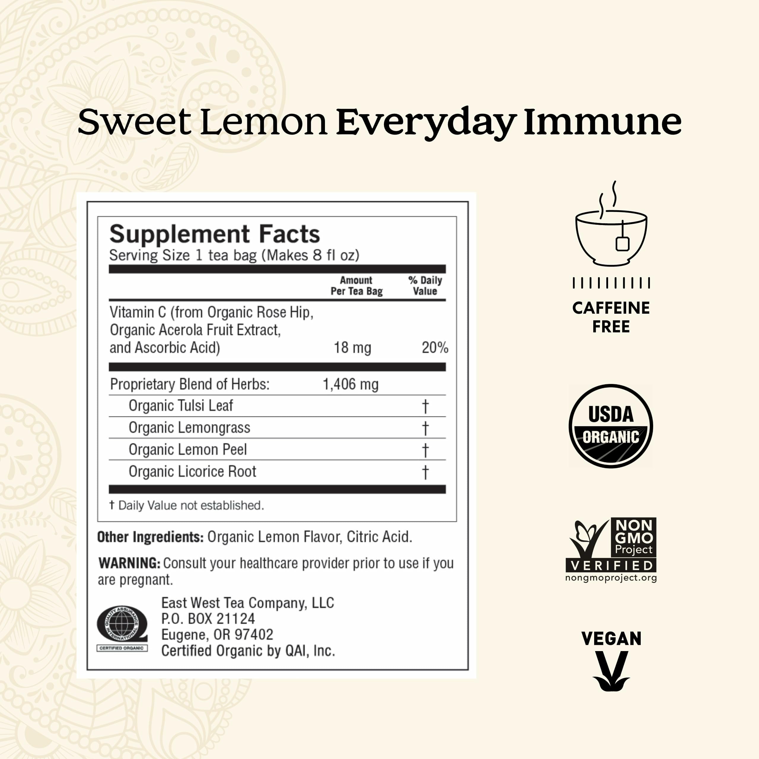 Yogi Tea Sweet Lemon Everyday Immune - 16 Bags per Pack (4 Packs) - Daily Immune Support Tea - Delicious Lemon Tea Bags - Includes Tulsi, Lemongrass, Rose Hip, Lemon Peel & More
